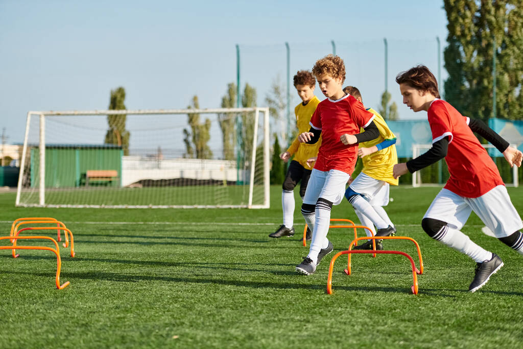 活気に満ちたフィールドでサッカー,ランニング,蹴り,ボールを渡す競争力のある試合に従事する若い少年たちの活発なグループ. - 写真・画像