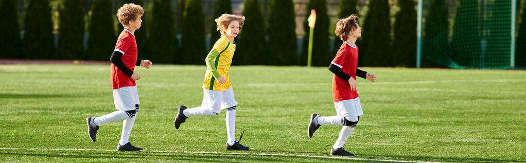 Un grupo de jóvenes jugando apasionadamente un partido de fútbol, corriendo, pateando y pasando la pelota en un campo de hierba bajo el cálido sol. - Foto, Imagen