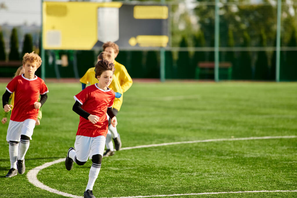 Μια ομάδα νεαρών αγοριών παίζει με ενθουσιασμό ένα παιχνίδι ποδοσφαίρου, τρέχει γύρω, κλωτσάει την μπάλα, και ζητωκραυγάζει ο ένας τον άλλον σε ένα φιλικό διαγωνισμό. - Φωτογραφία, εικόνα