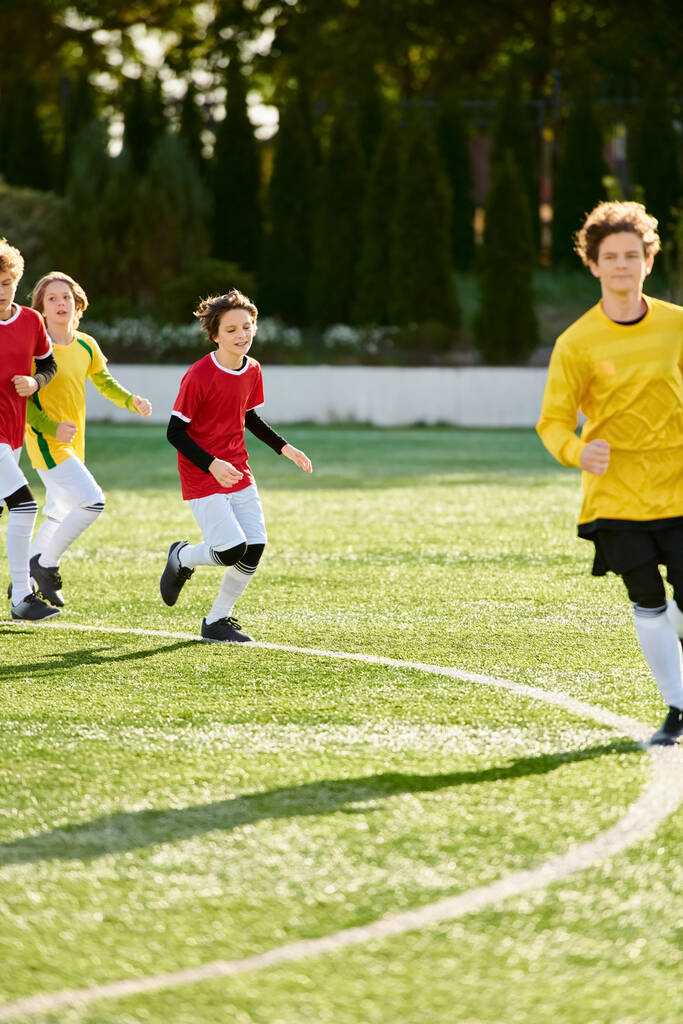 Skupina energických mladých chlapců ve fotbalových dresech vášnivě hraje fotbal na travnatém hřišti. Běží, kopat, přihrávky, a bodování cíle, zobrazování týmové práce a sportovního chování. - Fotografie, Obrázek