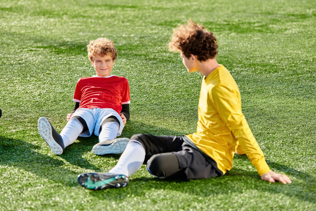 Two young boys energetically playing a game of soccer on the lush green grass field. They are engaged in dribbling, passing, and kicking the ball, showcasing their skill and teamwork. - Photo, Image