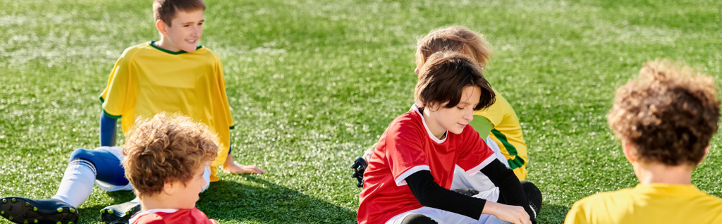 Skupina malých dětí, plná energie a nadšení, sedí na bujném zeleném fotbalovém hřišti. Jsou zapojeni do konverzace, smíchu a kamarádství, vytváří radostnou atmosféru. - Fotografie, Obrázek