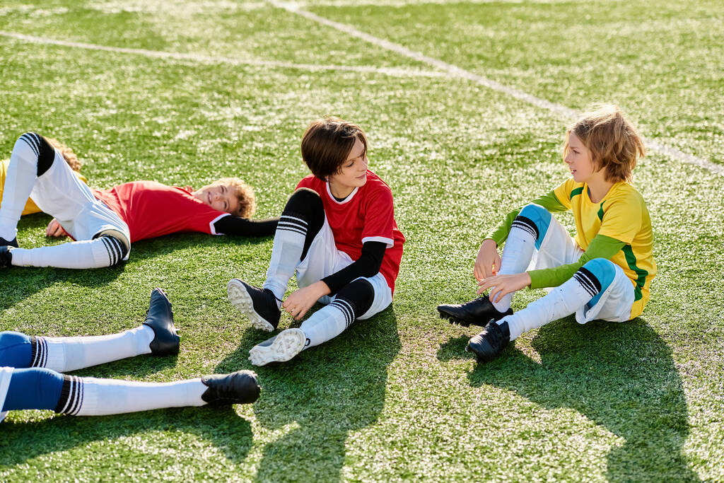 Eine Gruppe kleiner Kinder sitzt fröhlich auf einem lebhaften Fußballplatz, plaudert und lacht. Ihre helle Energie und ihr spielerischer Geist erfüllen den Raum mit purer Freude und Begeisterung. - Foto, Bild