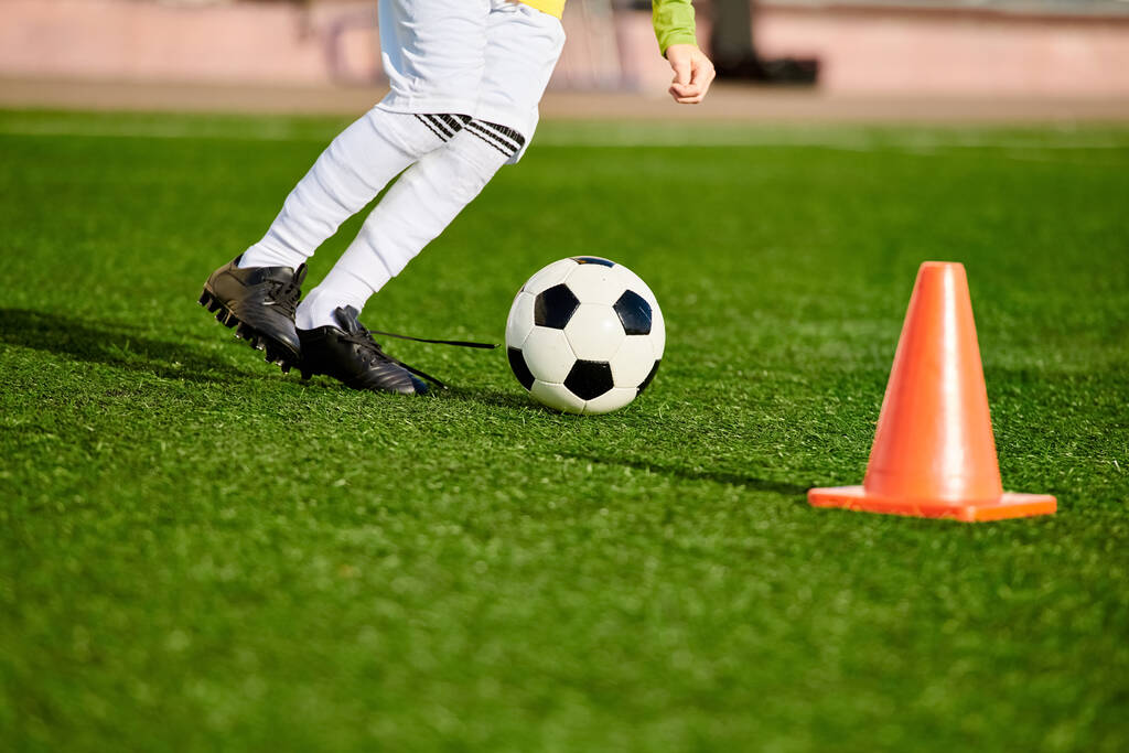 Młody chłopiec wykazujący się imponującymi umiejętnościami piłkarskimi, gdy kopie piłkę wokół stożka, pokazując swoją zwinność i precyzję na boisku.. - Zdjęcie, obraz