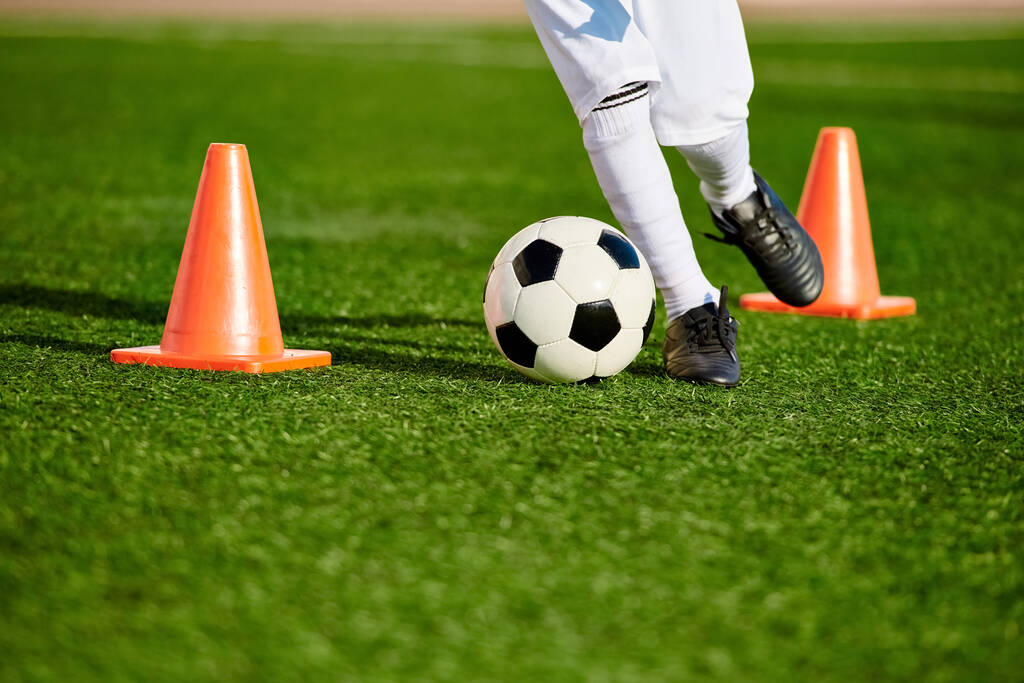 Una persona mostrando habilidades de fútbol pateando una pelota alrededor de conos naranjas en un campo. El individuo está enfocado y ágil, demostrando precisión y control. - Foto, Imagen