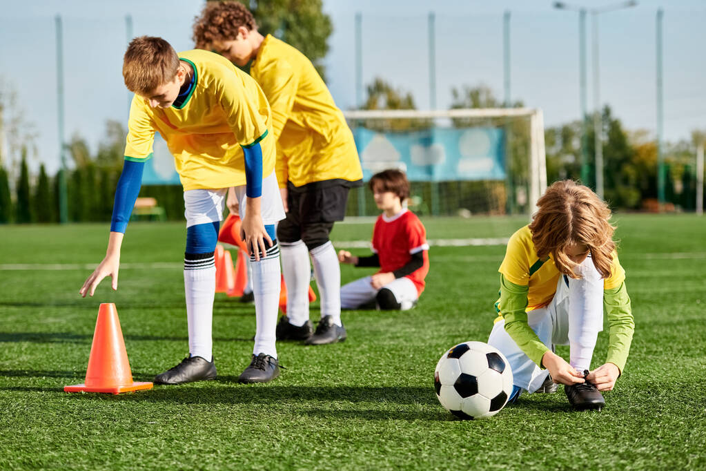 Egy csapat fiatal gyerek színes mezben lelkesen focizik egy füves pályán. Dribbling, múló, és gólszerzés, bemutató csapatmunka és sportszerűség. - Fotó, kép
