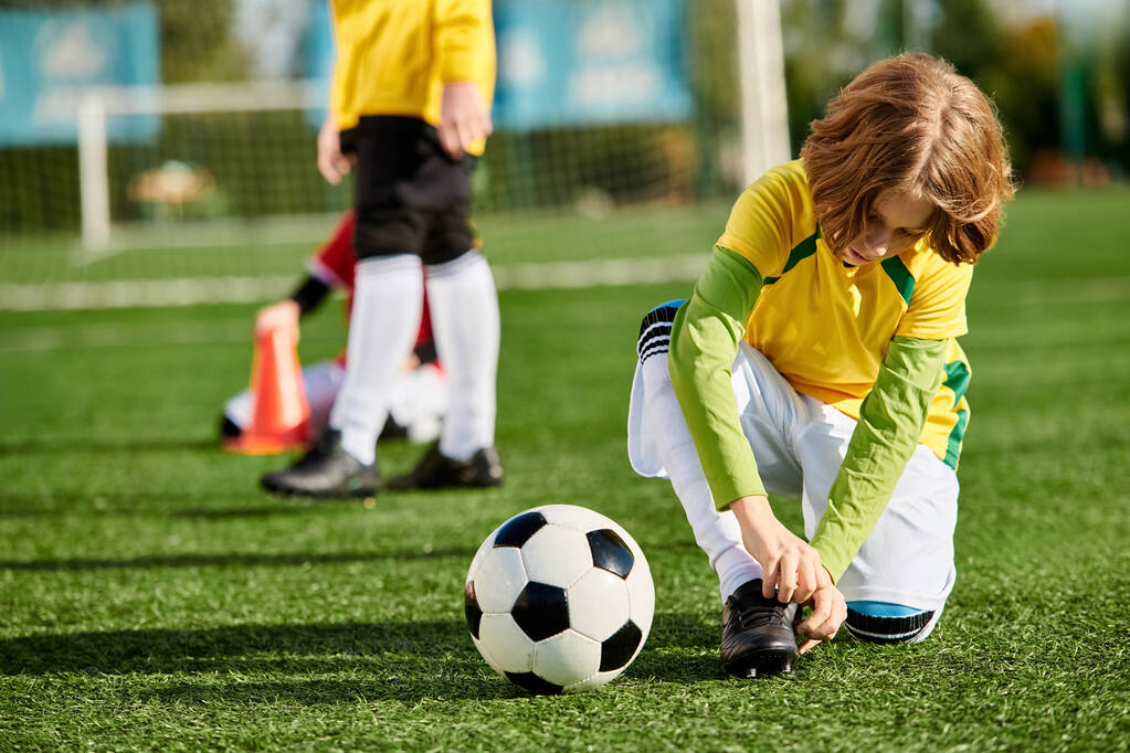 Mała dziewczynka z warkoczami bawi się piłką nożną na tętniącym życiem zielonym polu, kopie, drybluje i ćwiczy swoje umiejętności.. - Zdjęcie, obraz