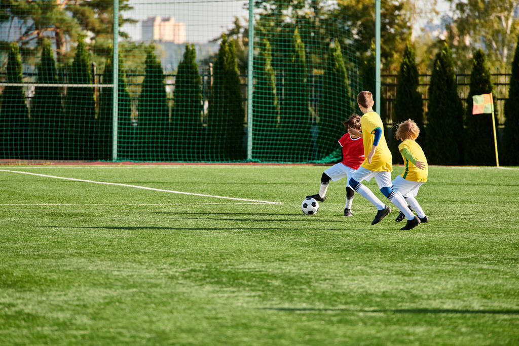 Um grupo animado de crianças pequenas joga um jogo de futebol, correndo e chutando a bola através do campo com sorrisos radiantes e espírito competitivo. - Foto, Imagem