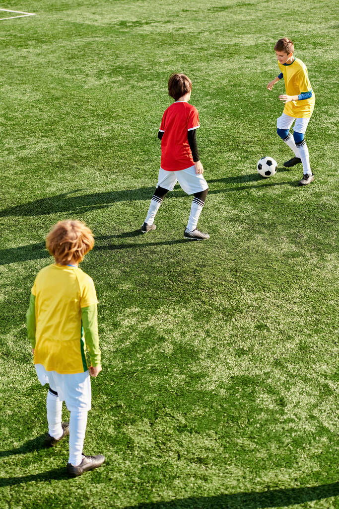 Grupa energicznych małych dzieci gra w przyjazną grę w piłkę nożną na trawiastym polu, śmiejąc się i biegając za piłką w swoich kolorowych koszulkach i korkach piłkarskich. - Zdjęcie, obraz