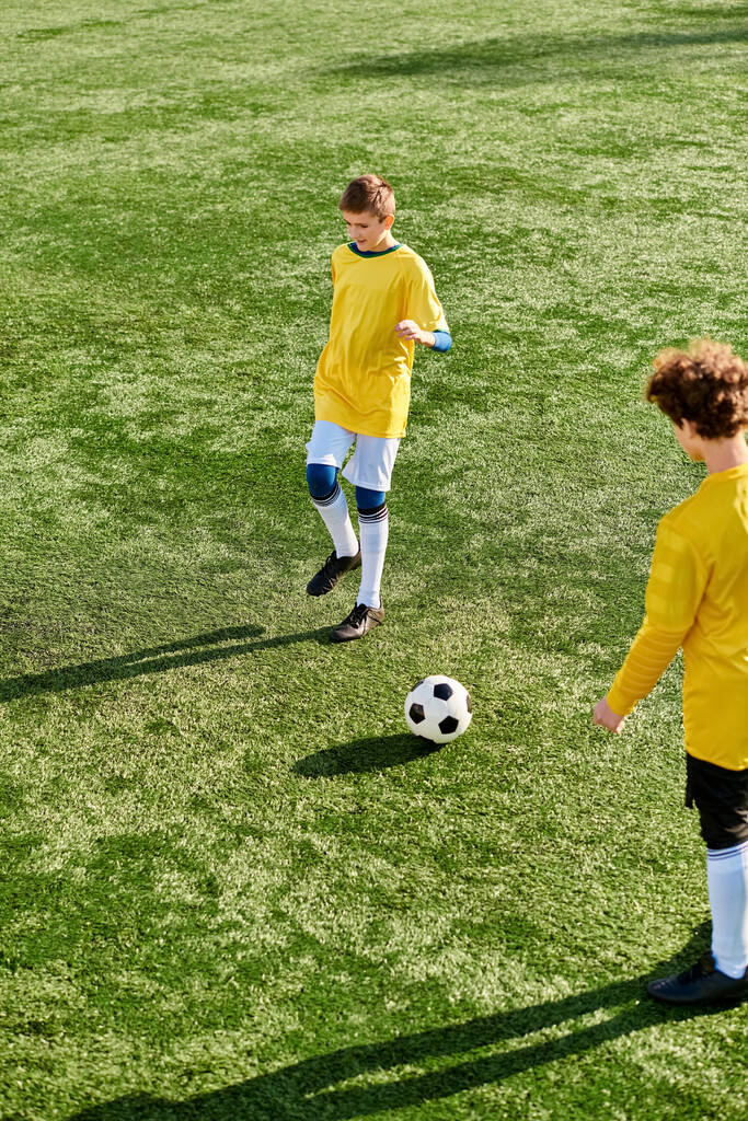 Два энергичных молодых человека с энтузиазмом пинают футбольный мяч взад и вперед по огромному зеленому полю, их быстрые движения и умелые движения ногами демонстрируют свою страсть к спорту.. - Фото, изображение
