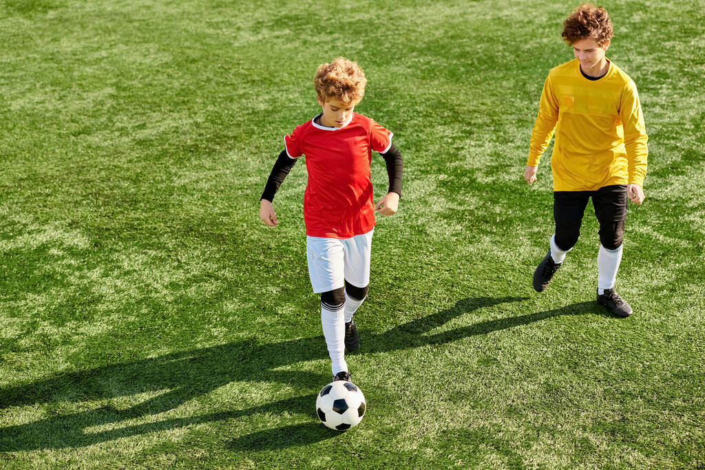 Dos jóvenes participan en un vibrante juego de fútbol, correr, patear y pasar la pelota con habilidad y pasión en un campo de hierba. - Foto, Imagen