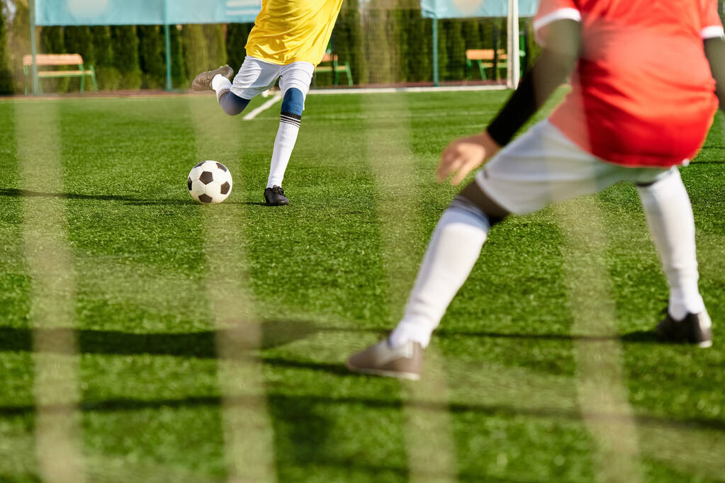 Dois homens chutando entusiasticamente uma bola de futebol em um campo vibrante, mostrando sua habilidade, trabalho em equipe e paixão pelo esporte. - Foto, Imagem