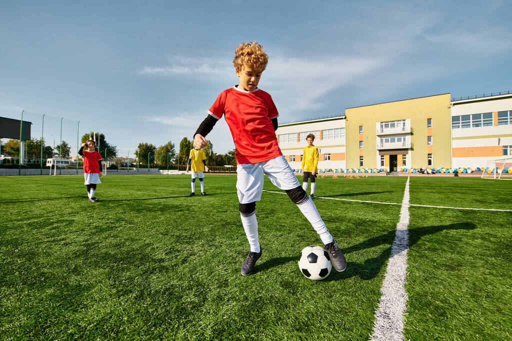 Een getalenteerde jongen schopt vakkundig een voetbal op een groen veld en toont zijn behendigheid en precisie in de sport.. - Foto, afbeelding