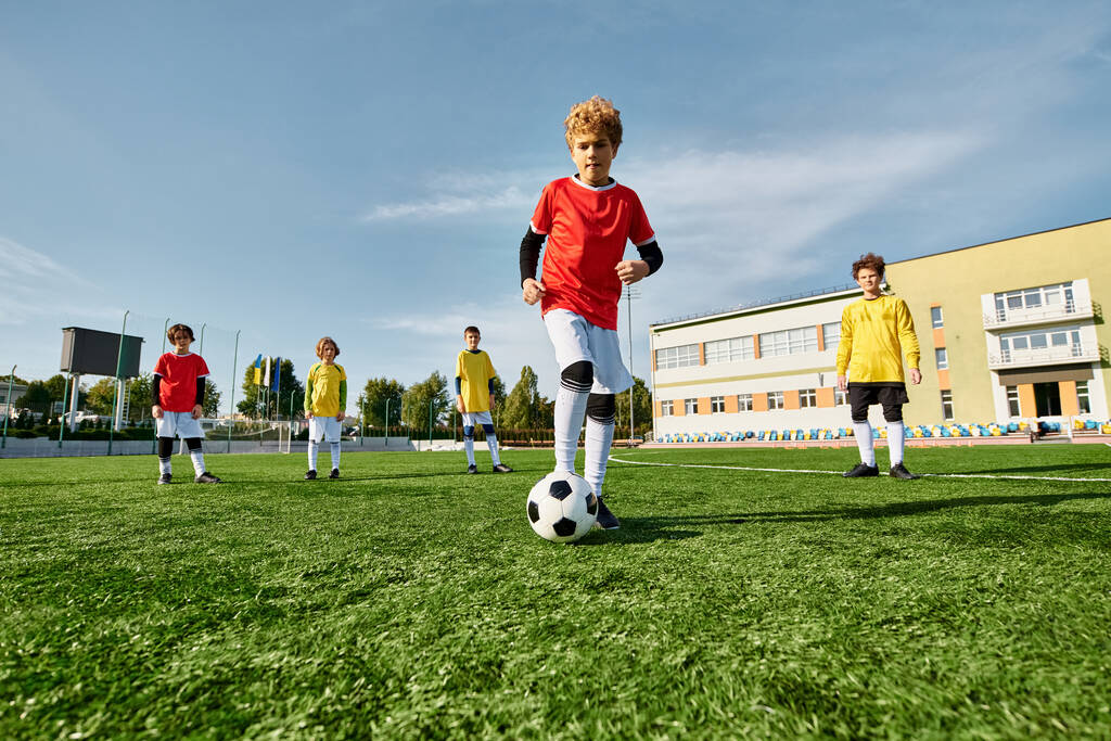 サッカーボールをエネルギッシュに蹴り,フィールドでスキルとチームワークを披露する若い男の子のグループとしてダイナミックなシーンが展開されます.. - 写真・画像