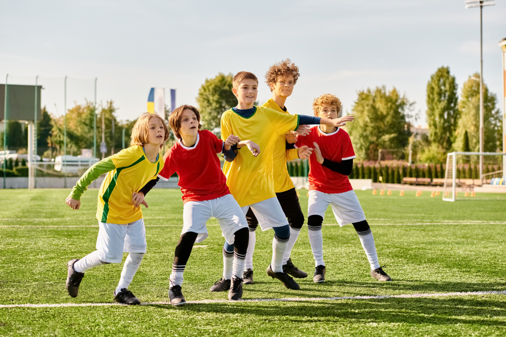 子供たちの活発なグループは,サッカーの友好的なゲームをしています. エキサイティングなショットは,ボールの後に追いかけ,熱意を持って通過し,撮影するように空気を満たします. フィールドは,チームワークとスポーツマンシップを表示するように動きと笑いの花です. - 写真・画像
