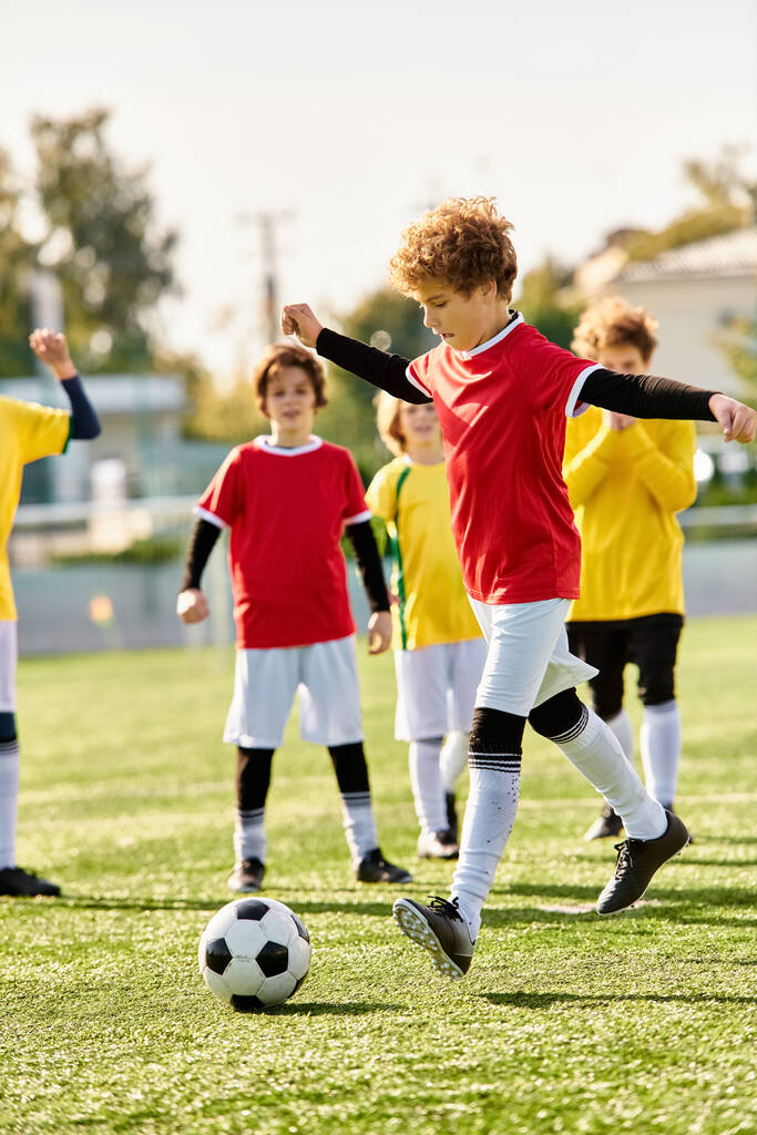 Ryhmä lapsia, jotka pelaavat energisesti jalkapalloa elinvoimaisella vihreällä kentällä, potkivat palloa, juoksevat, nauravat ja hurraavat toisiaan kirkkaan auringon alla.. - Valokuva, kuva