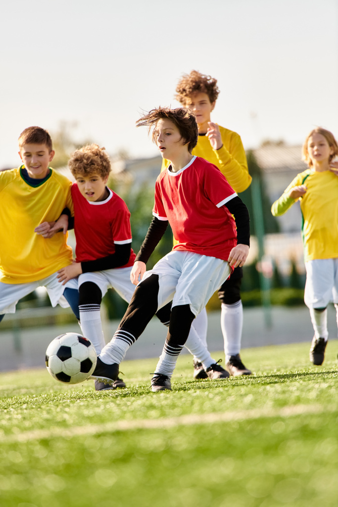 Um grupo de crianças enérgicas jogando entusiasticamente um jogo de futebol em um campo gramado. Eles estão chutando uma bola colorida, correndo, rindo, e torcendo uns aos outros. - Foto, Imagem