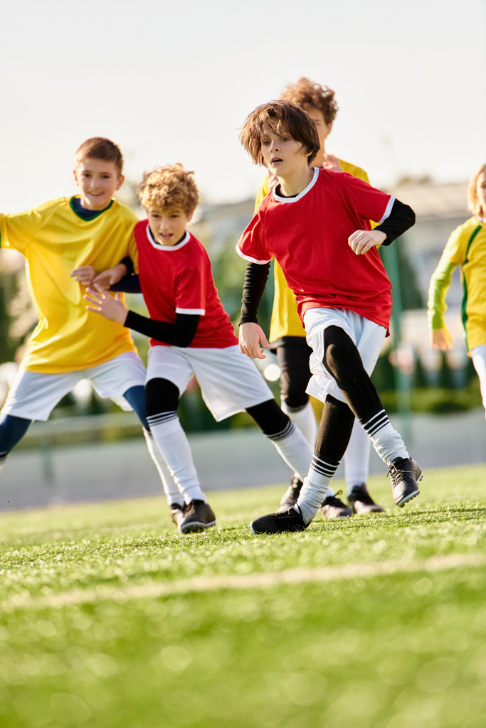 Bir grup genç çocuk hareketli bir futbol oyununa dalmış, koşuyor, tekmeliyor ve çimenli bir alanda coşkuyla ve takım çalışmasıyla pas veriyor.. - Fotoğraf, Görsel
