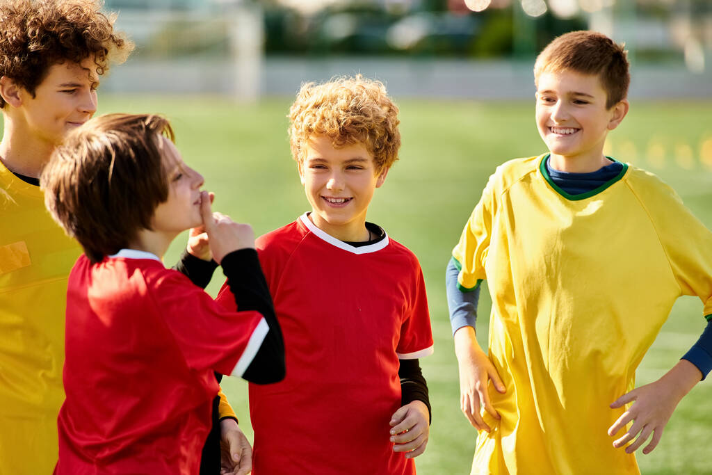 Een groep energieke jonge jongens in voetbaluniformen staan samen op het levendige groene voetbalveld, klaar voor een wedstrijd. Hun gezichten tonen vastberadenheid en opwinding als ze zich voorbereiden om hun vaardigheden te tonen. - Foto, afbeelding