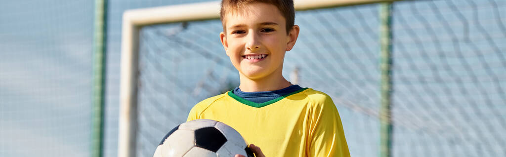 Ένα νεαρό αγόρι στέκεται περήφανα, κρατώντας μια μπάλα ποδοσφαίρου μπροστά από ένα γκολ. Με αποφασιστικότητα στα μάτια του, ονειρεύεται μια μέρα να γίνει πρωταγωνιστής στο γήπεδο.. - Φωτογραφία, εικόνα