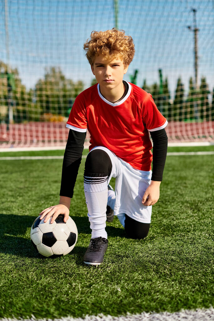 Ein kleiner Junge in Fußballuniform kniet anmutig auf dem Rasen und hält einen Fußballball vor sich.. - Foto, Bild