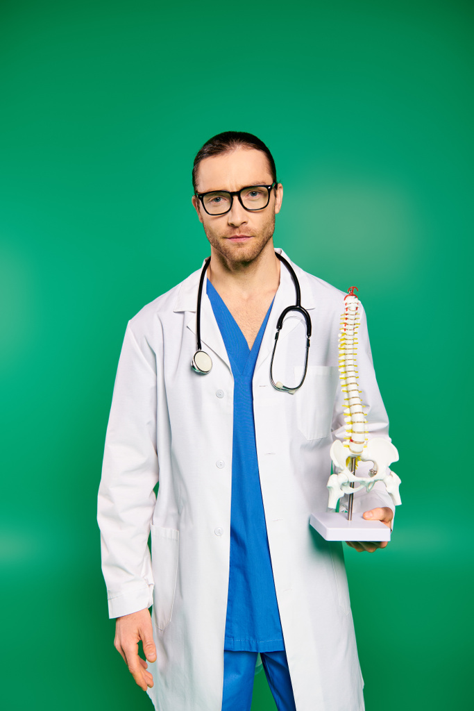 Guapo doctor en bata de laboratorio blanca sosteniendo modelo de esqueleto humano. - Foto, imagen