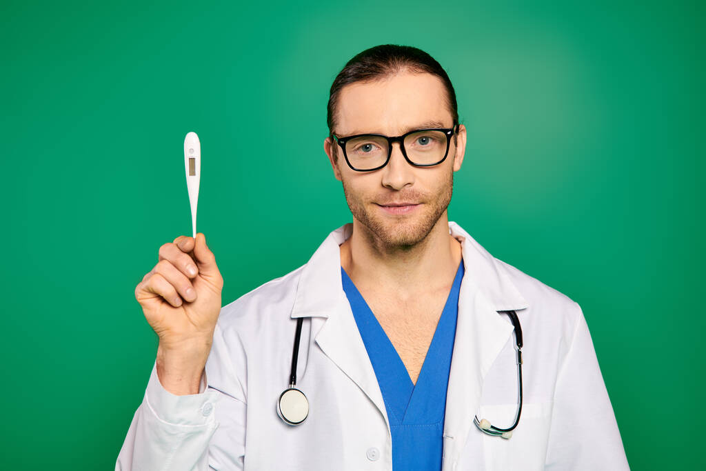 Άντρας γιατρός με λευκή ρόμπα κρατά θερμόμετρο στο δεξί χέρι. - Φωτογραφία, εικόνα