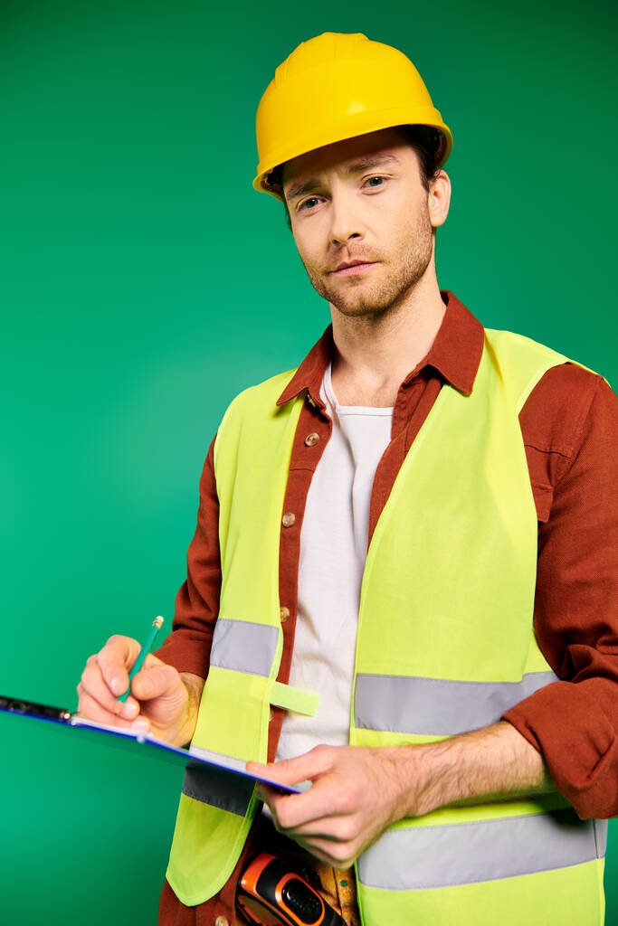 A man in a yellow safety vest writing on a clipboard. - Photo, Image