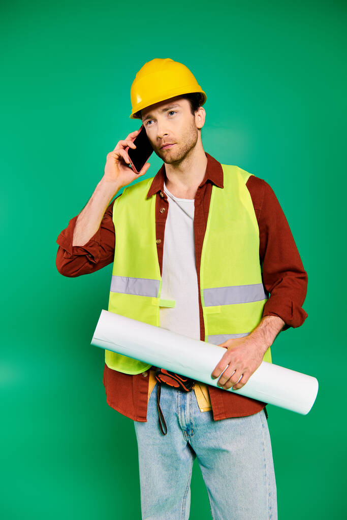 Handsome male construction worker in uniform using a cellphone on a green backdrop. - Photo, Image