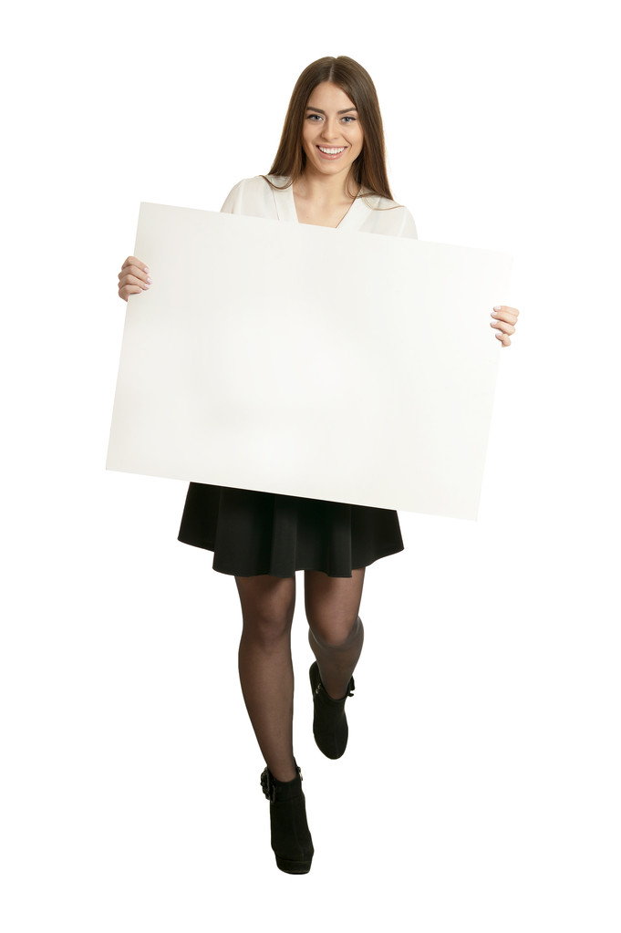 Όμορφη γυναίκα και λευκή πινακίδα - Φωτογραφία, εικόνα