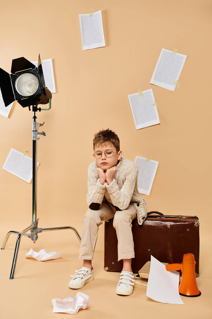 Preadolescent boy in director outfit sits on suitcase in front of camera. - Photo, Image