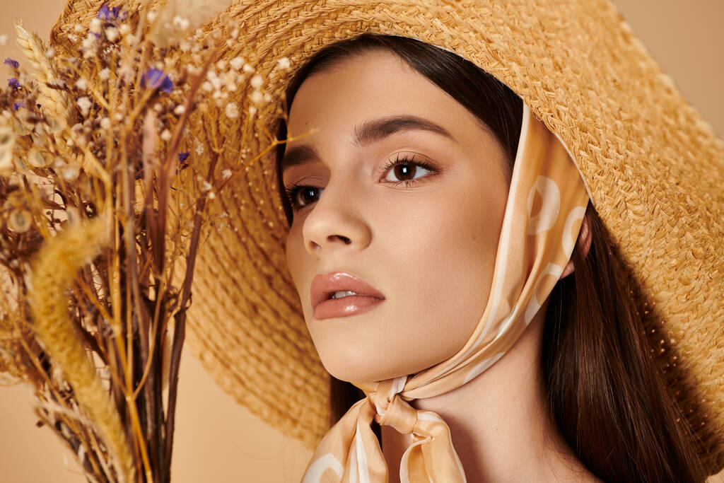 Una joven con el pelo largo y morena posando en un estudio, vistiendo un sombrero de paja y una elegante bufanda para un look veraniego. - Foto, Imagen