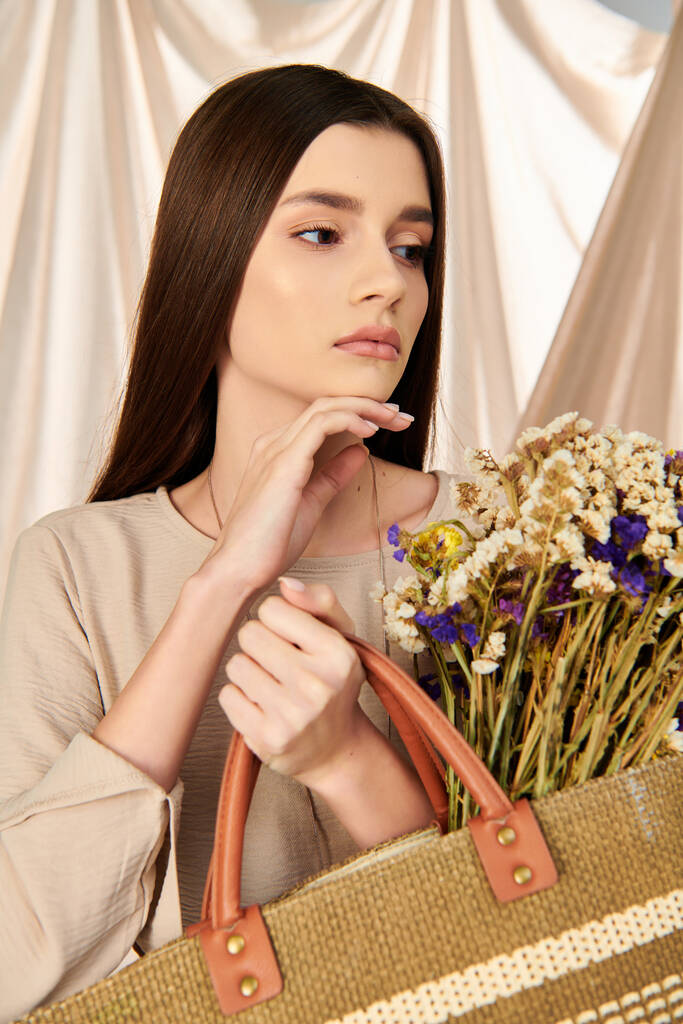 Młoda kobieta z długimi brunetkami trzymająca torbę wypełnioną żywymi kwiatami, ucieleśniającą esencję lata. - Zdjęcie, obraz