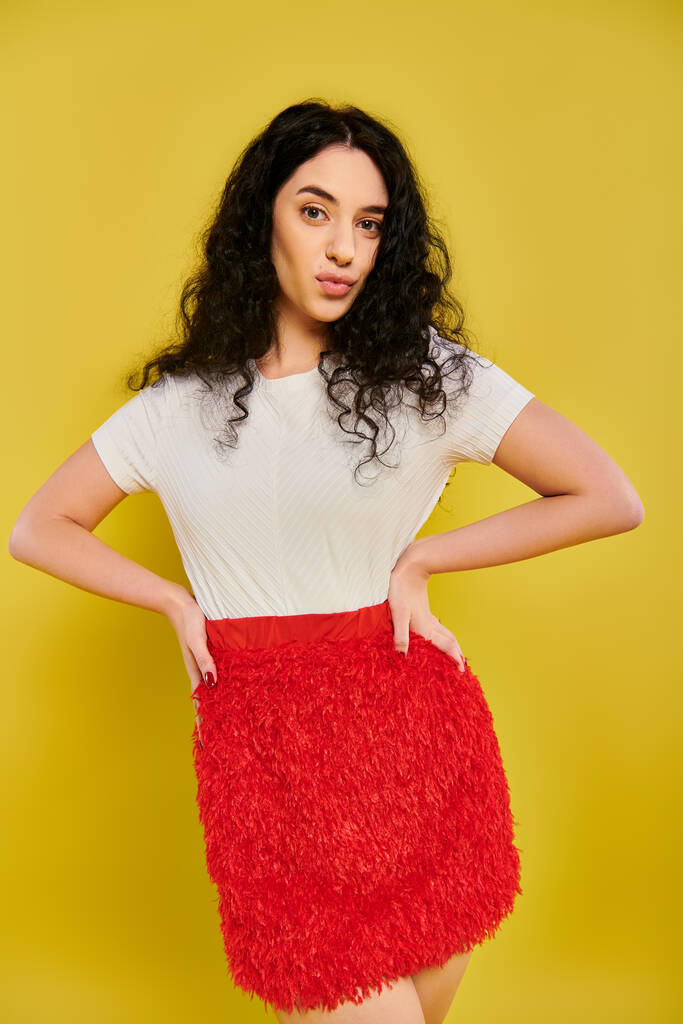 Uma jovem morena com cabelo encaracolado faz uma pose em uma saia vermelha elegante contra um fundo de estúdio amarelo. - Foto, Imagem