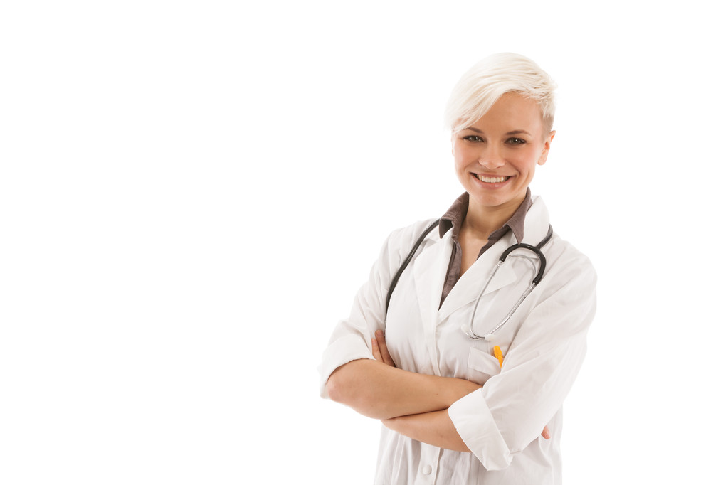 Усміхнена блондинка-жінка-лікар з схрещеними руками
 - Фото, зображення