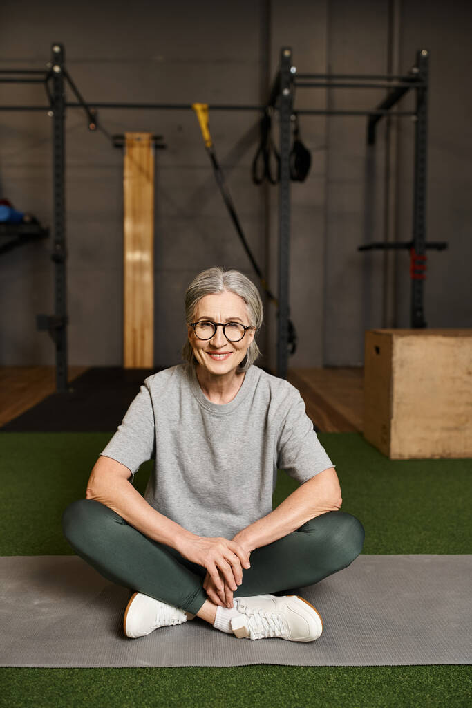fröhliche reife Frau in gemütlicher Sportbekleidung sitzt mit überkreuzten Beinen im Fitnessstudio und lächelt in die Kamera - Foto, Bild