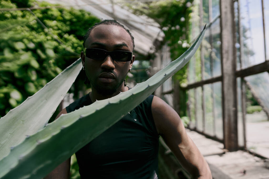 Handsome African American man in sunglasses holding a large leaf in a vibrant green garden. - Photo, Image