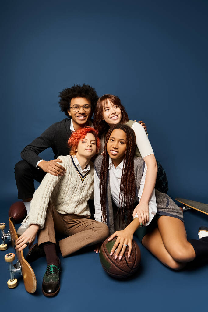 Un gruppo di giovani, eleganti amici multiculturali, seduti a stretto contatto su uno sfondo blu scuro. - Foto, immagini