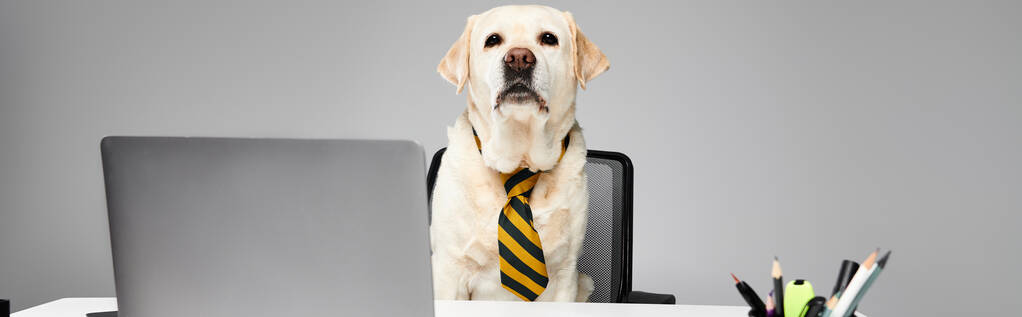 Un perro sofisticado en una corbata sentado frente a un portátil, listo para un día de trabajo remoto. - Foto, imagen