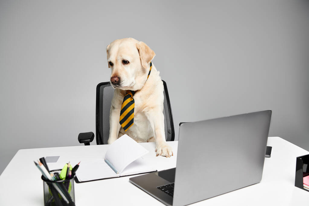 ネクタイを着用した洗練された犬は,スタジオの設定でデスクに注意深く座り,家庭的な設定で毛皮の友人の概念を体現します. - 写真・画像