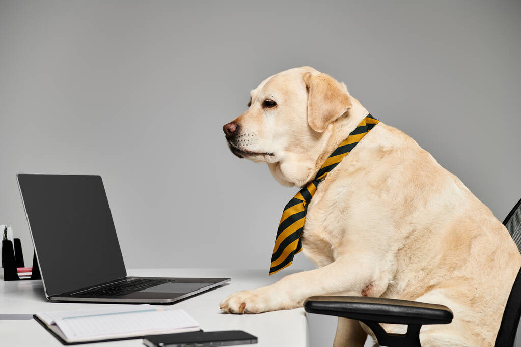 Egy jól öltözött kutya nyakkendővel a laptop előtt ülve, aki készen áll egy üzleti megbeszélésre.. - Fotó, kép