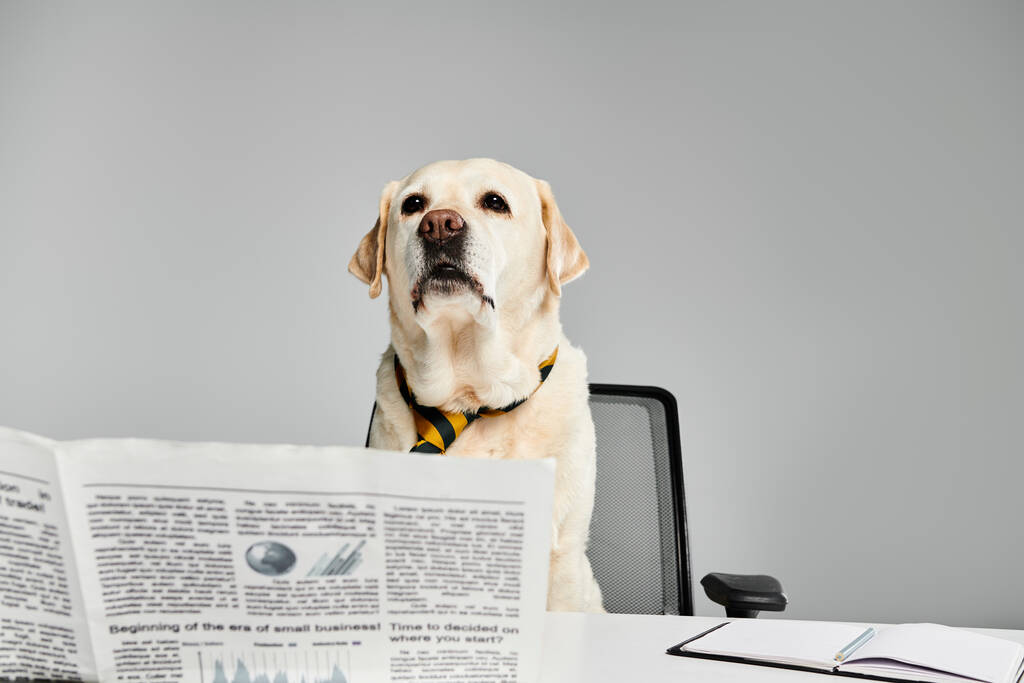 Ένας σκύλος κάθεται προσεκτικά σε ένα γραφείο, διαβάζοντας μια εφημερίδα. - Φωτογραφία, εικόνα