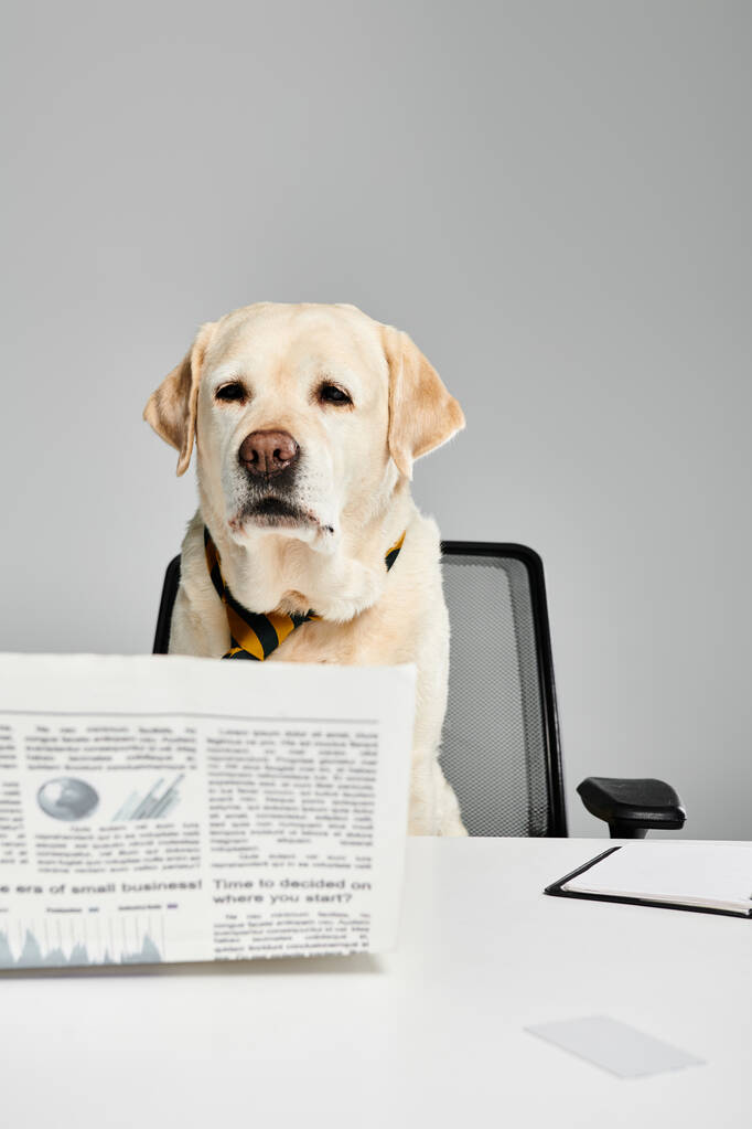 Ein Hund sitzt am Schreibtisch und liest eine Zeitung. - Foto, Bild