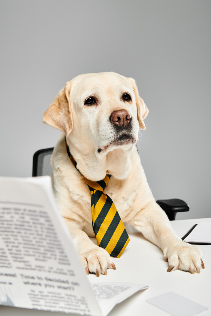 Egy nyakkendős kutya ül az asztalnál, profin néz ki, és készen áll a munkára egy stúdióban.. - Fotó, kép