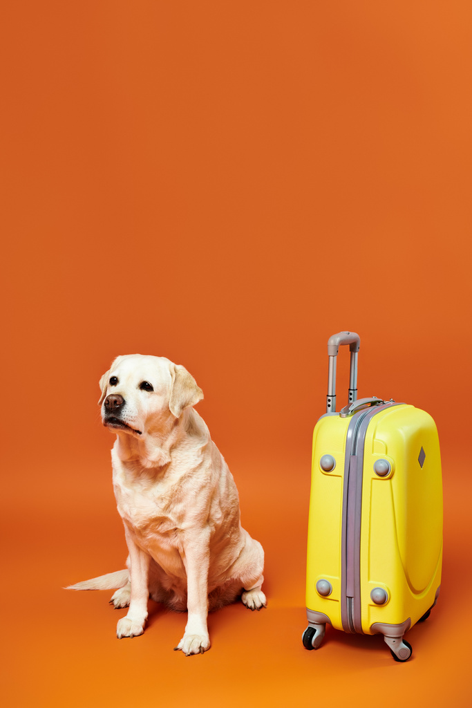 A dog sits next to a vibrant yellow suitcase in a studio setting. - Photo, Image