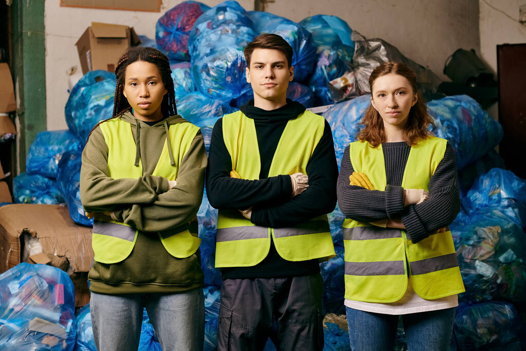 Three eco-conscious volunteers in gloves and safety vests stand before a mound of plastic bags, sorting waste. - Foto, Bild