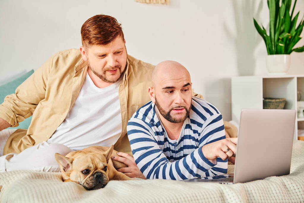 Two men and dog bond over laptop on bed. - Photo, Image