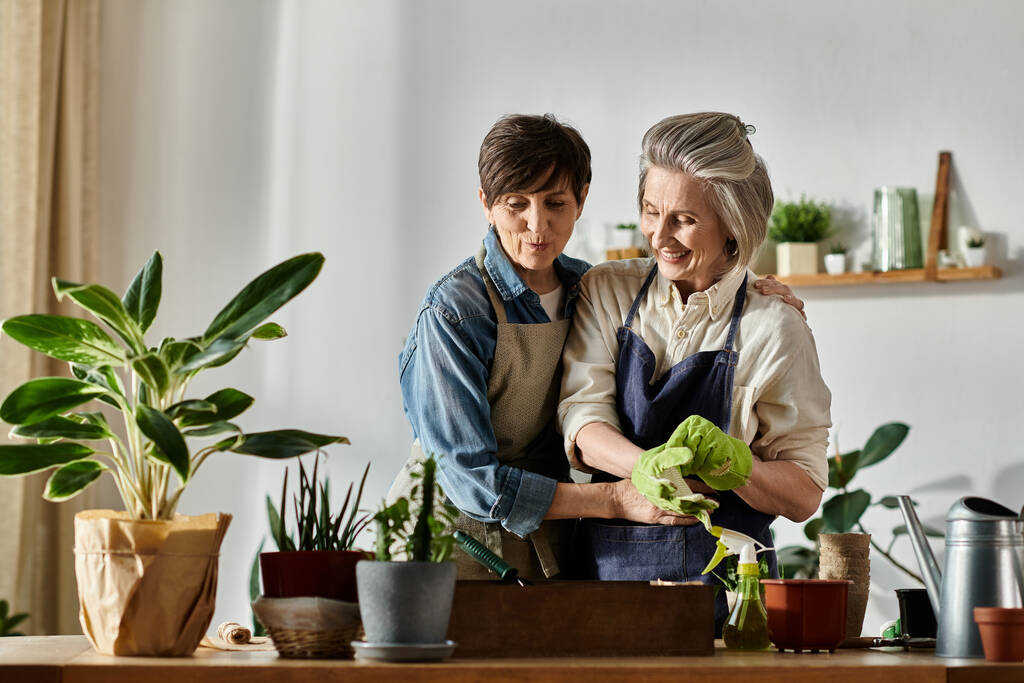 Kaksi naista hoitaa rakastavasti kasvia viihtyisässä keittiössä. - Valokuva, kuva