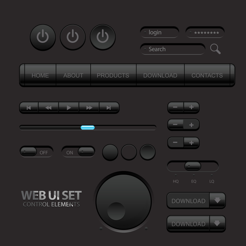 Елементи інтерфейсу темного веб-сайту. Кнопки, комутатори, планки
 - Вектор, зображення