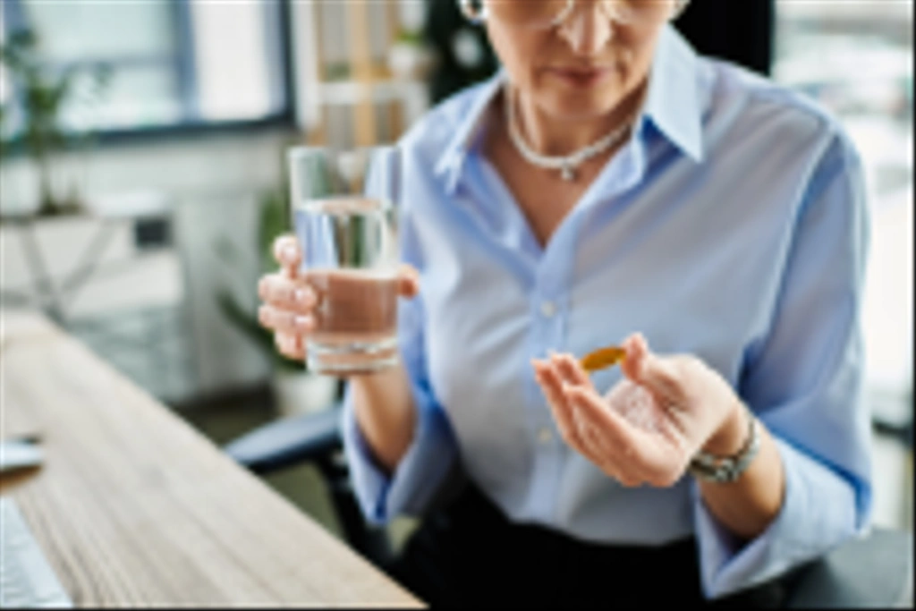 Una mujer de negocios de mediana edad con el pelo corto sostiene una pastilla y un vaso de agua. - Foto, Imagen